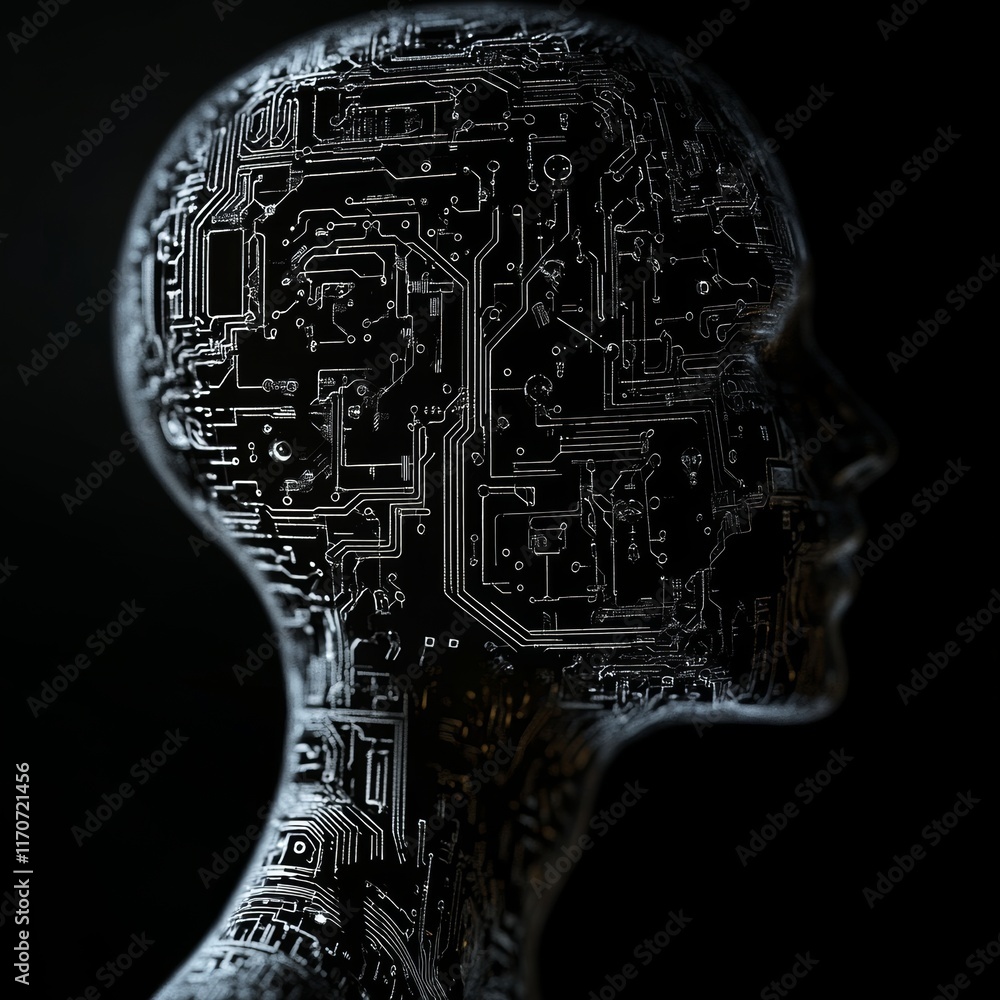 Poster head with a computer chip design on it