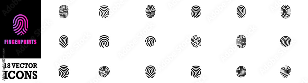 Poster set of fingerprints icons. fingerprint different shapes. fingerprint scanning icon sign. vector illu