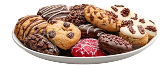 Assorted cookies on a white plate display. transparent background