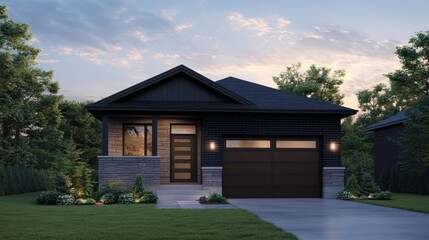 Modern Black House with Stone Accents at Dusk in Suburban Setting