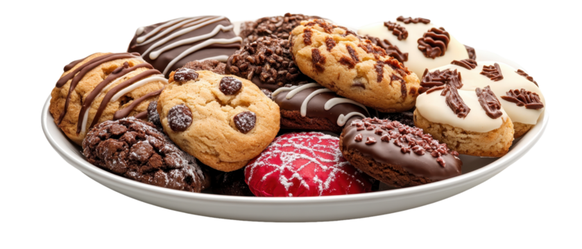 Assorted cookies on a white plate display. transparent background