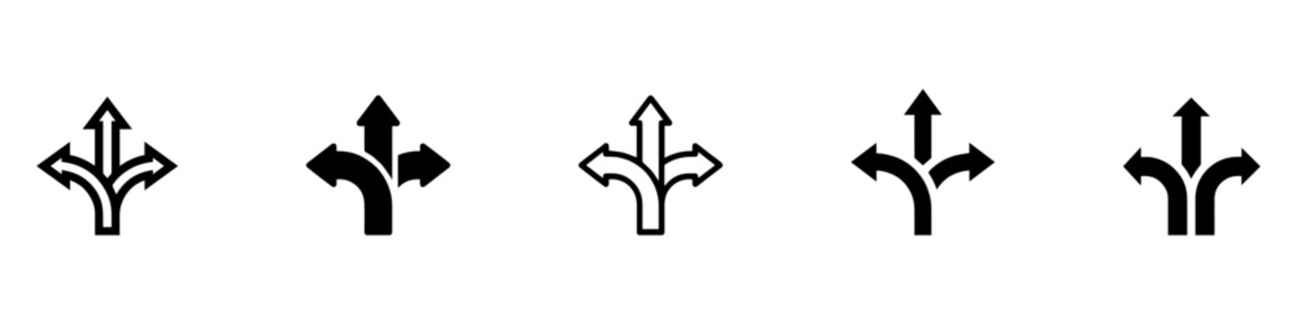 Choice between three roads icon set. Three-way directional arrow. Way, road, direction, branching, arrows , Icon for design. Easily editable, pathway, opportunity, logo, split, choose, three concept.