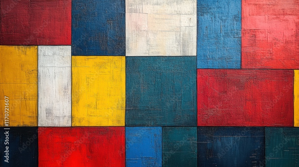 Poster bold geometric shapes create a vibrant tapestry of color and texture in a contemporary art piece. ge