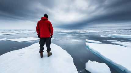 Climate researcher observing shrinking polar ice sheet, documenting environmental transformation and Arctic ecosystem changes