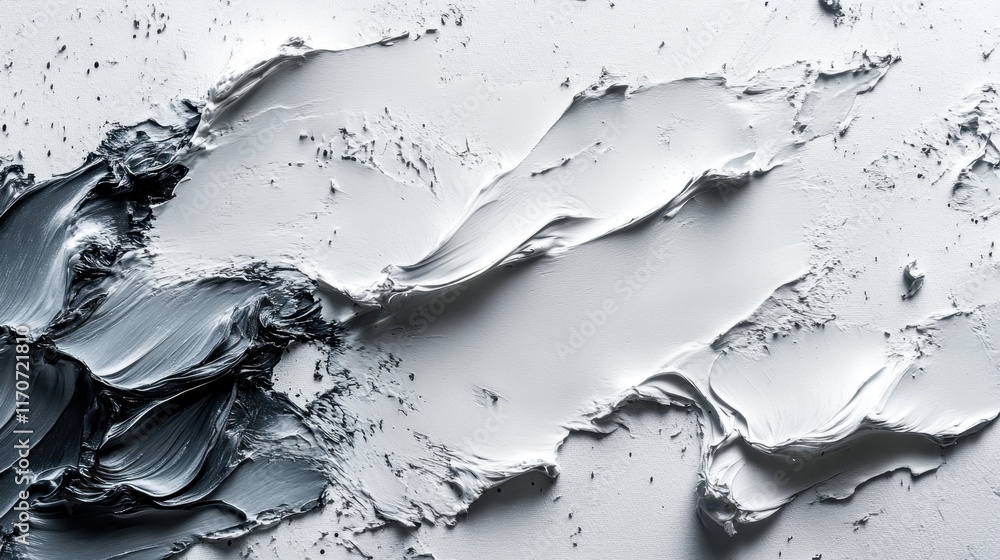 Poster textured swirls of monochromatic paint blend in an abstract composition suggesting movement and dept