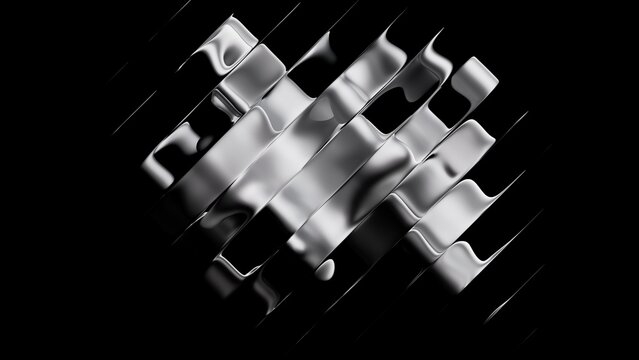 3d rendering, abstract minimalist black background. Diagonal composition of metallic ribbons with a ripple effect, fluid foil stripes. Silver fashion wallpaper