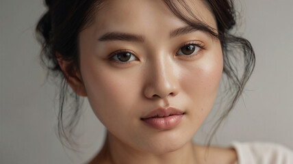 Fototapeta premium A close-up portrait of a young woman with captivating brown eyes and a natural, fresh look, embodying beauty and confidence