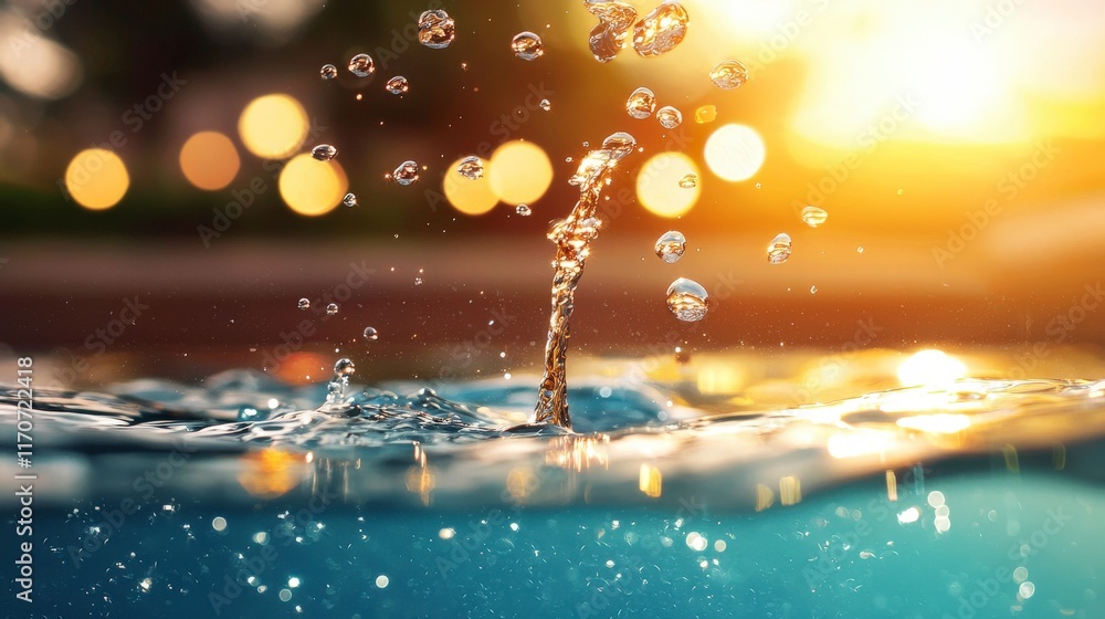 Poster water droplets splashing in sunlight creating dynamic ripples and a serene atmosphere in a beautiful