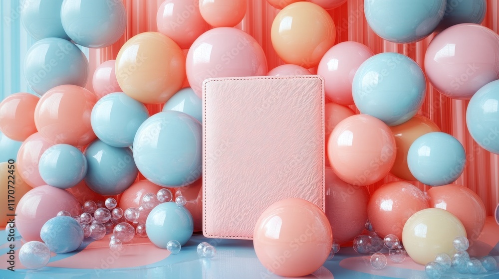 Aufkleber bubbly pastel composition with soft colors and a blank notebook on display amidst vibrant spheres. g
