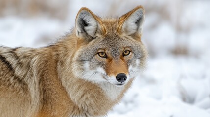 Naklejka premium A close-up of a coyote in a snowy landscape, showcasing its features and environment.