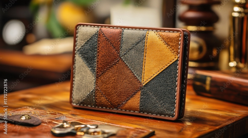 Poster Unique leather wallet showcases intricate patchwork design on a rustic wooden table in a cozy workspace. Generative AI