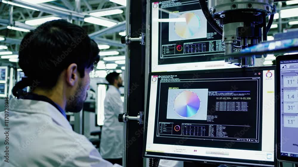 Fototapete Advanced automation in a high-tech manufacturing facility with robotic assembly at work