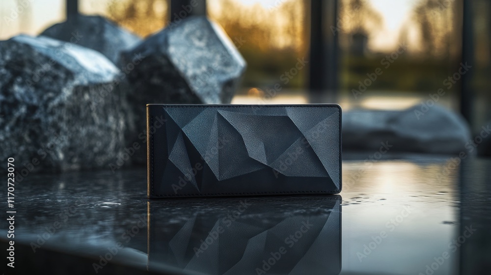 Poster design meets modernity with a sleek geometric speaker resting on a reflective surface beside texture