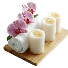 A wooden tray holding three white candles, towel and orchid isolated on transparent background
