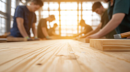 Professional carpenters collaborating, using hand tools and measuring equipment while crafting wooden project on workshop workbench
