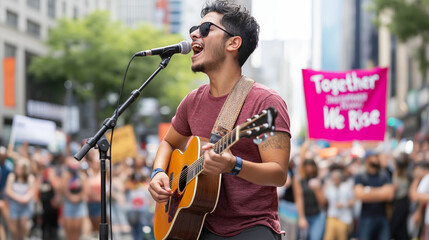 Latino musician performing on a small stage, playing guitar and singing during a social justice rally in a city street