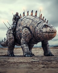 Fototapeta premium A futuristic armored creature with a rider in a desolate landscape.