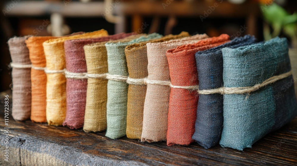 Poster vibrant bundles of colorful linen fabrics neatly arranged on a rustic wooden table in a cozy creativ