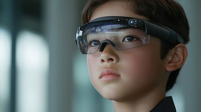 Young Boy Wearing Smart Glasses in Modern Technology Environment
