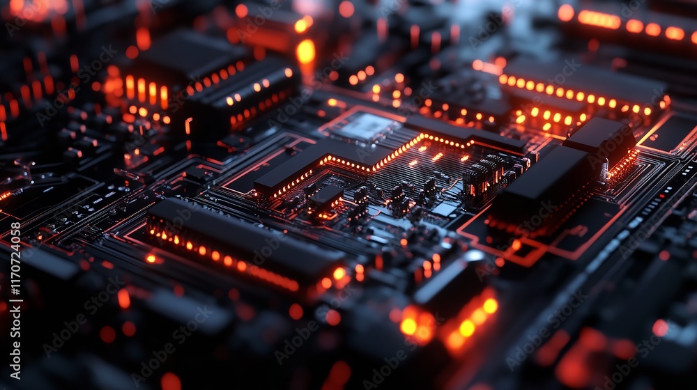 Poster abstract circuit board technology digital art background red orange glowing lines dark data wire