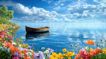Obraz premium Serene wooden boat on calm lake with vibrant flowers.