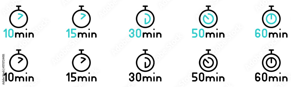 Poster timer, clock, stopwatch isolated set icons. countdown timer symbol icon set. label cooking time. vec