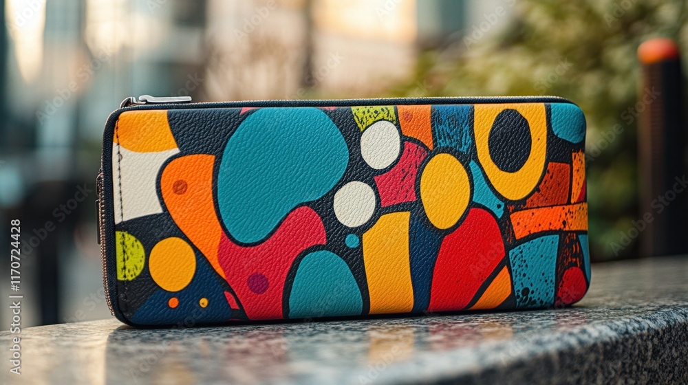Poster brightly colored wallet resting on stone surface with sunlight glinting in an urban setting. generat