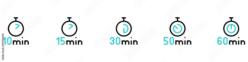 Poster timer, clock, stopwatch isolated set icons. countdown timer symbol icon set. label cooking time. vec