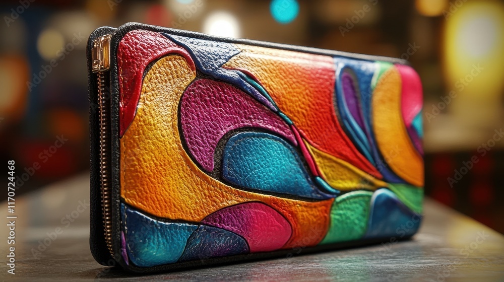 Poster colorful leather wallet showcasing vibrant abstract design in a cozy setting with soft lighting. gen