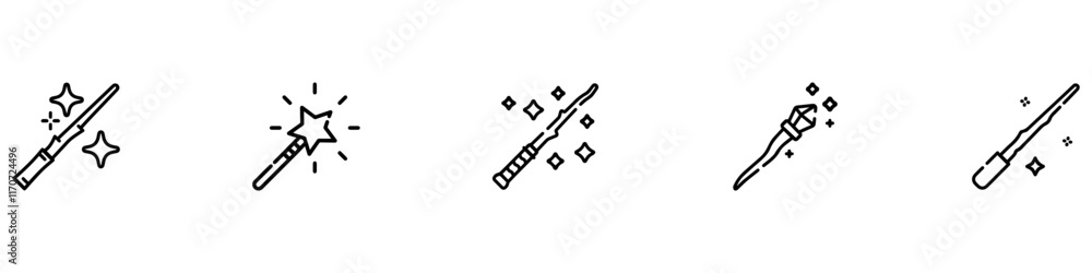 Poster set of magic wand icons. magic wand with a star, wizard tool. magic and miracle symbols. wizard stic