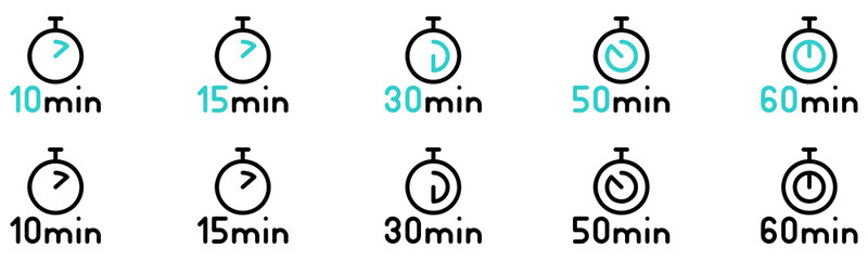 Timer, clock, stopwatch isolated set icons. Countdown timer symbol icon set. Label cooking time. Vector illustration. EPS 10