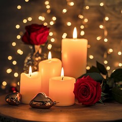 A beautiful arrangement featuring lit candles, red roses, and heart-shaped decorations, evoking romance, love, and Valentine's Day charm against a soft bokeh light background.