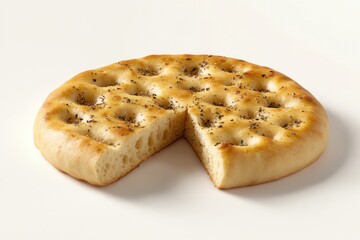 Freshly baked focaccia bread with herbs, showcasing a slice removed, golden and fluffy.