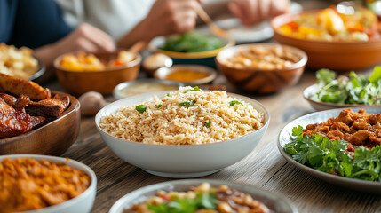 Obraz premium Multigenerational family gathering, sharing homemade traditional cuisine on weathered wooden surface, enjoying warm connection through food