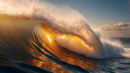Golden Hour Wave Wallpaper with Sunlit Surf and Ocean Spray. Dramatic Summer Wallpaper Background