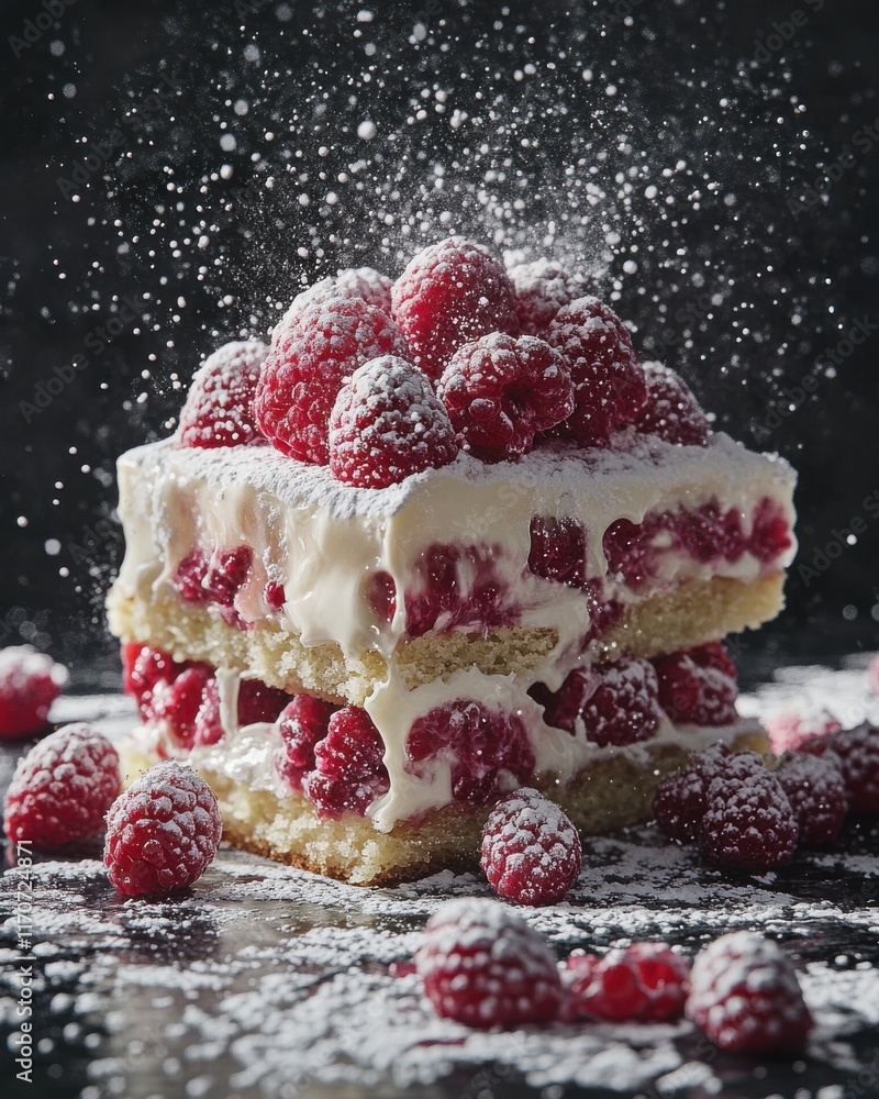 Poster layers of cake with fresh raspberries and powdered sugar, creating a delicious and inviting dessert 