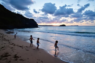 Children playing on sandy beach at sunset