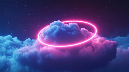 Obraz premium Neon Pink Circle in the Night Sky Clouds