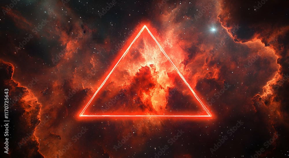 Poster a red triangle with neon lines in space with a nebula background.