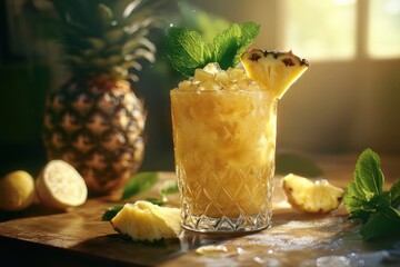 Refreshing pineapple cocktail served with mint and garnished with a pineapple slice.
