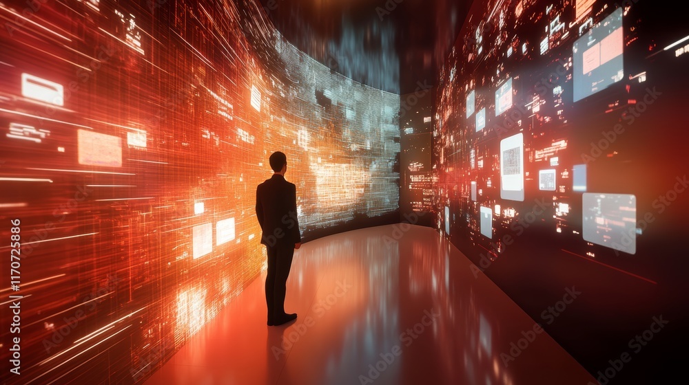 Poster digital information perspective from data visualization with businessman in futuristic environment