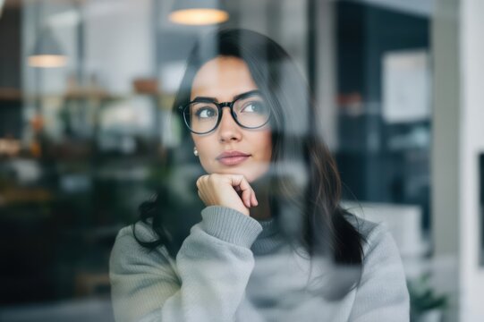 Thoughtful woman wearing eyeglasses looking through window