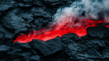 Molten lava flowing through dark rocks, emitting smoke