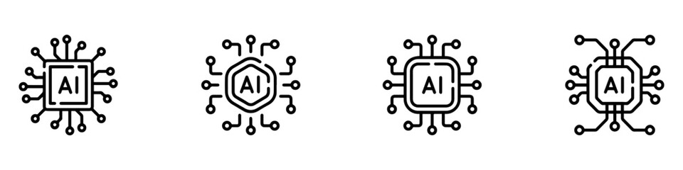 AI chip icon set. Line and glyph AI processor chip. Artificial intelligence microchip icon set. AI chip icon. Circuit board of computer or Ai chip icon vector set. EPS 10