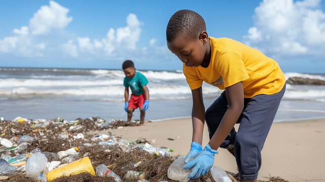 Two african children wearing gloves are collecting plastic bottles and other waste on a polluted beach, promoting environmental awareness - Powered by Adobe