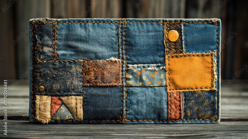 Poster unique handmade wallet showcasing patchwork design in vibrant colors sits on rustic wooden surface i