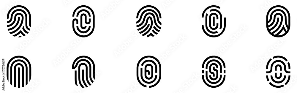 Poster set of fingerprints icons. fingerprint different shapes. fingerprint scanning icon sign. vector illu