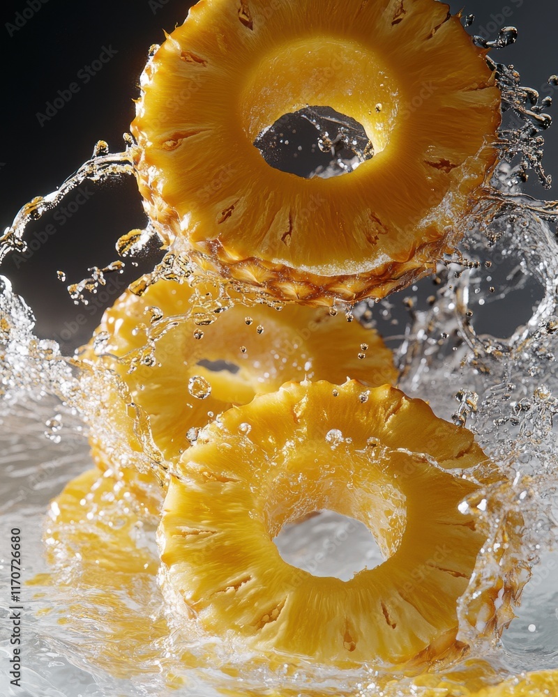 Poster fresh pineapple slices splashing in water, creating a refreshing and vibrant scene.