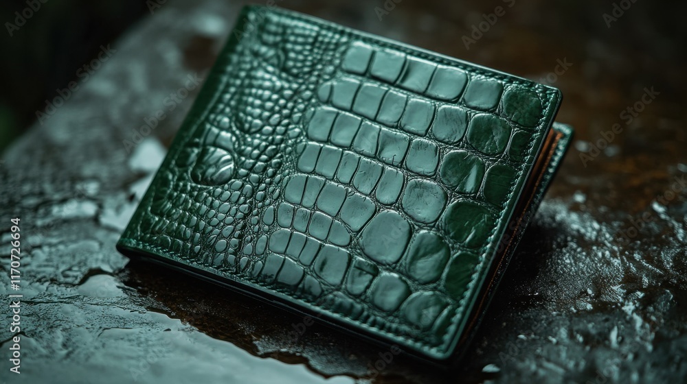 Poster luxurious green crocodile wallet resting on a wet wooden surface in soft natural lighting creating a