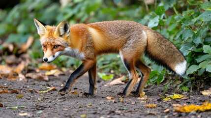 A red fox walking through a forested area with autumn leaves scattered on the ground.